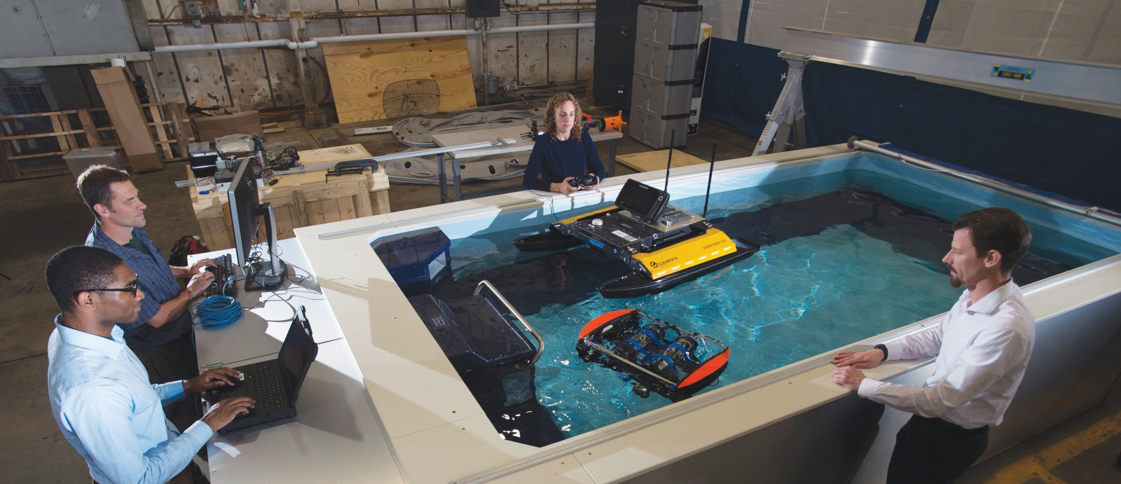 Staff use the maritime autonomy test tank to demonstrate and test prototype technology for unmanned undersea vehicles. 