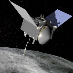 This illustration shows OSIRIS-REx contacting the asteroid Bennu. Aboard OSIRIS-REx is the REXIS instrument, for which the Laboratory developed CCDs that will image X-rays emitting from Bennu's surface. Illustration: NASA’s Goddard Space Flight Center