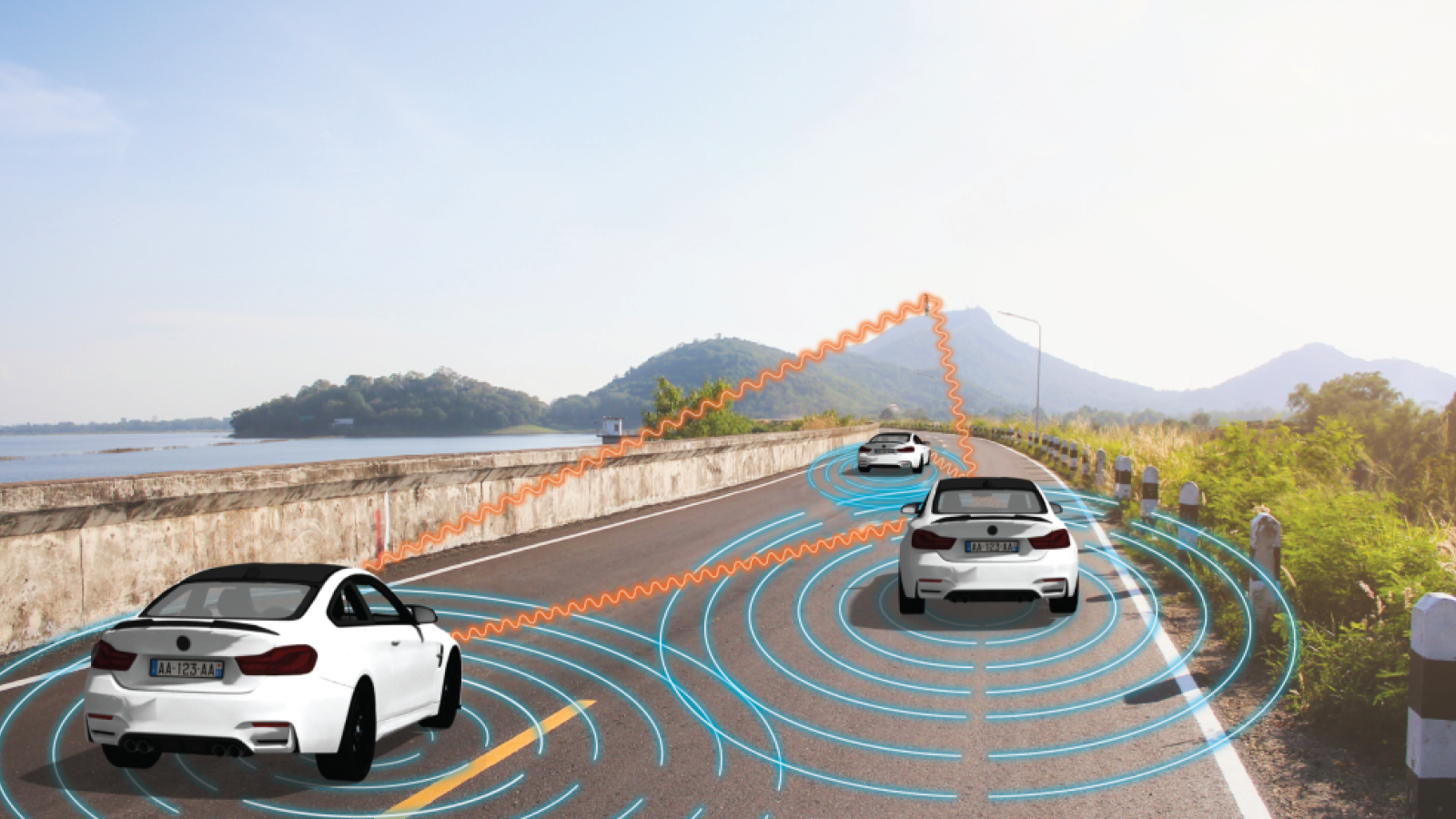 An illustration of two self-driving cars detecting nearby objects and sharing sensor data using the same radio-frequency band.