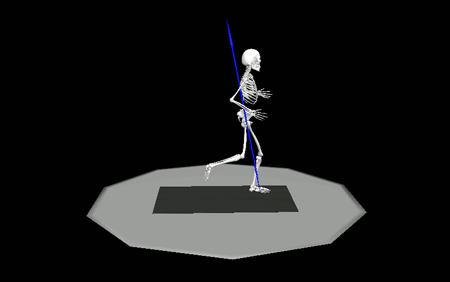 A skeleton runs on a treadmill illustrating a user's movements via motion capture