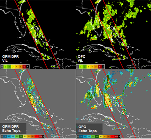 This comparison between the Global Precipitation Measurement (GPM) spaceborne radar (left) and OPC (right) shows that OPC also accurately depicts precipitation intensity (VIL; 1–6, low to high) and storm height (echo tops in kft) in offshore reigons.