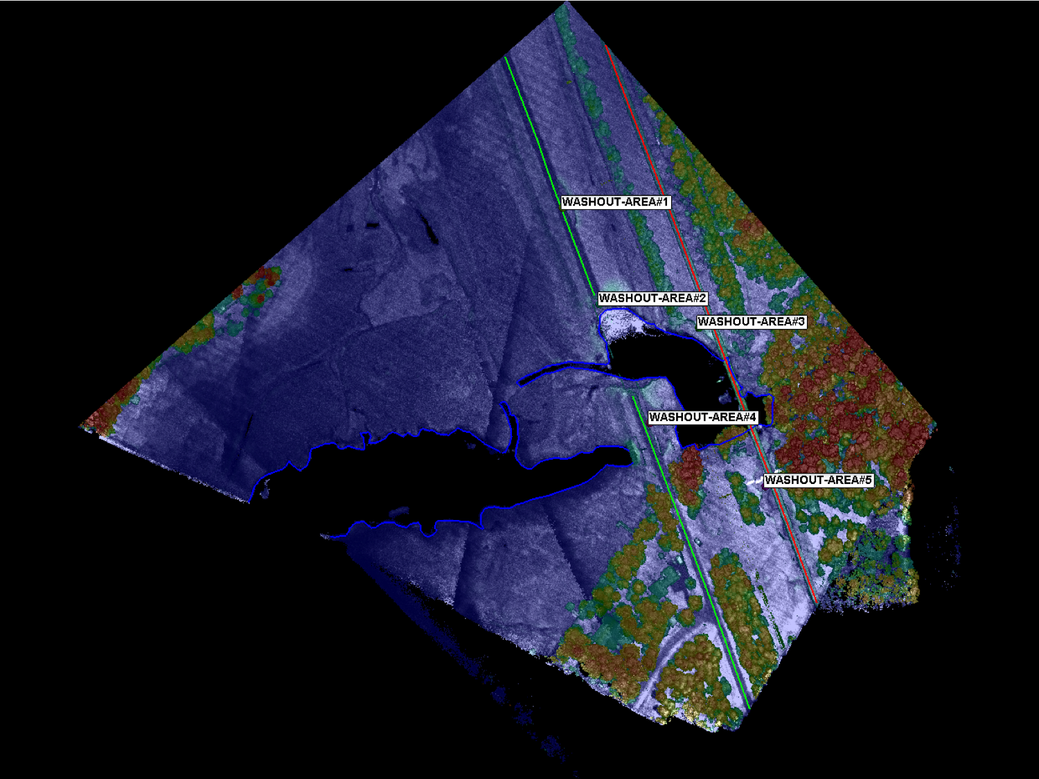 lidar image overhead of a lake and road 