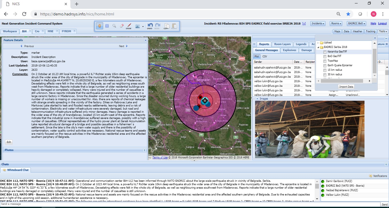 The NICS interface shows the incident map, created in the aftermath of a mock earthquake for the NATO exercise. The system allows responders and commanders to quickly share messages, images, and status reports and show their location on the map. 
