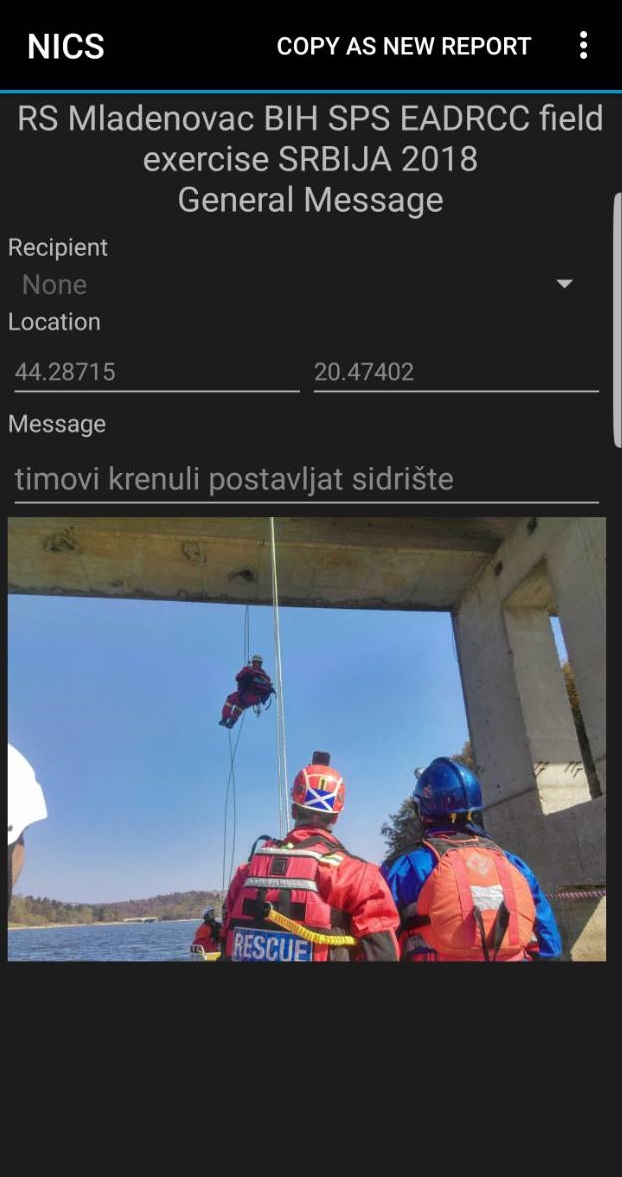 A responder from Bosnia sent a photo and status update through the NICS mobile app during water rescue activities. 