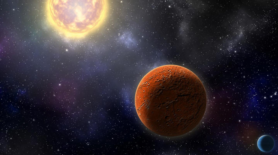 An illustration of a large red planet and small blue planet orbiting a sun 