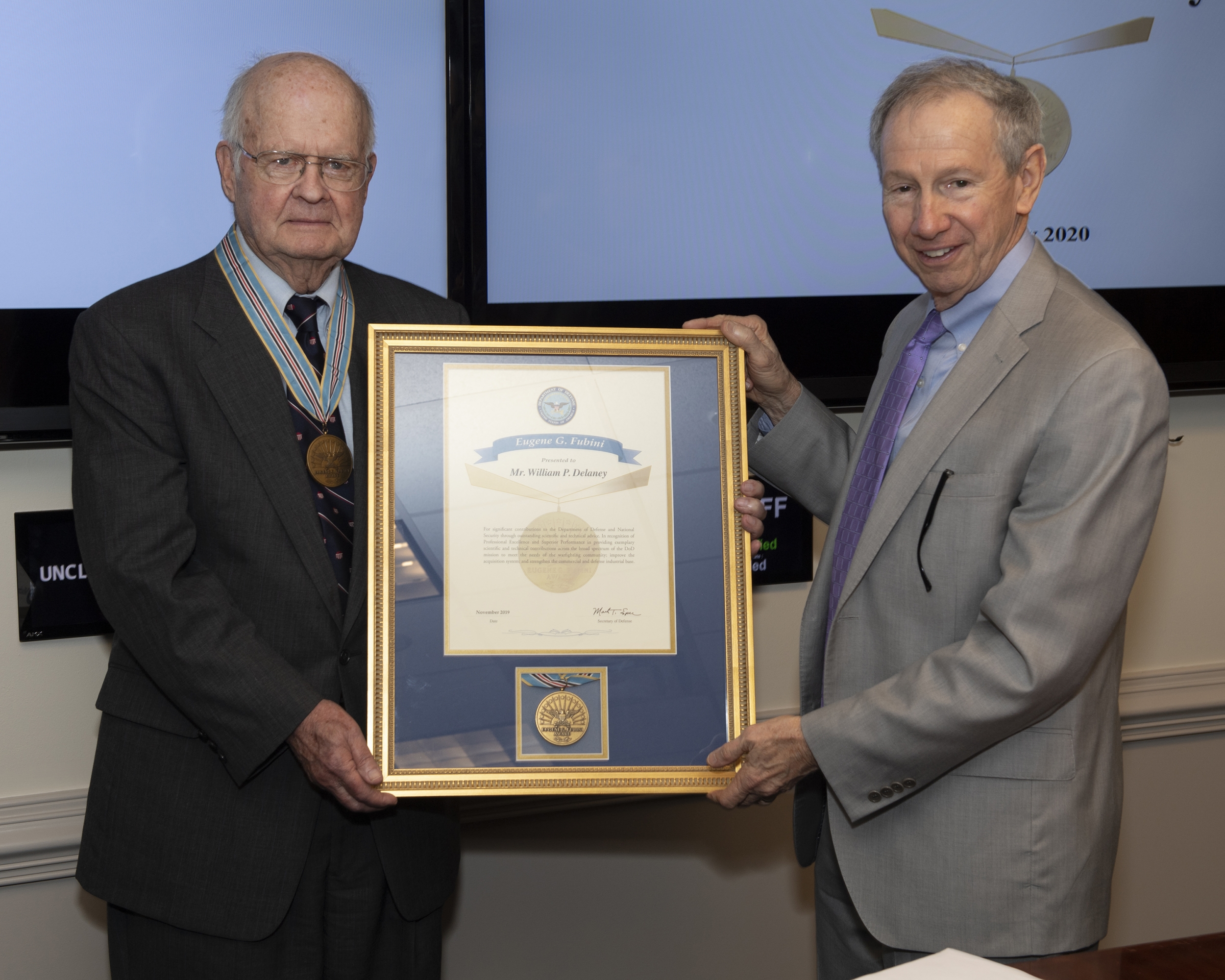 William Delaney was presented with the 2019 Eugene G. Fubini Award for years of providing scientific and technical guidance to the Department of Defense. Photo: Office of the Secretary of Defense Public Affairs