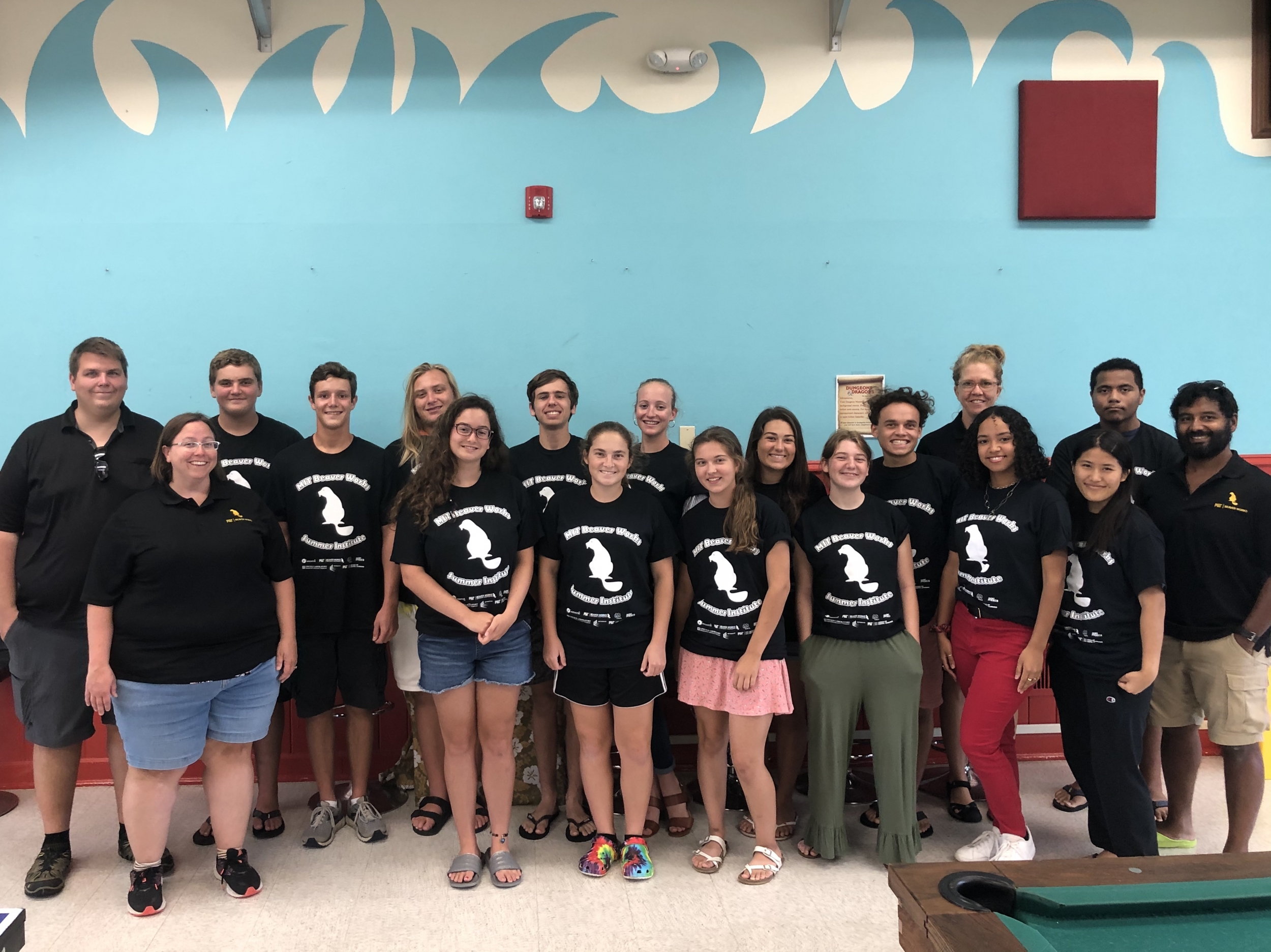 Students from the Kwajalein BWSI 2020 program pose for a photo with Laboratory staff members and instructors Jon Schoenenberger, Sarah Willis, Karyn Lundberg, and Thomas Sebastian.