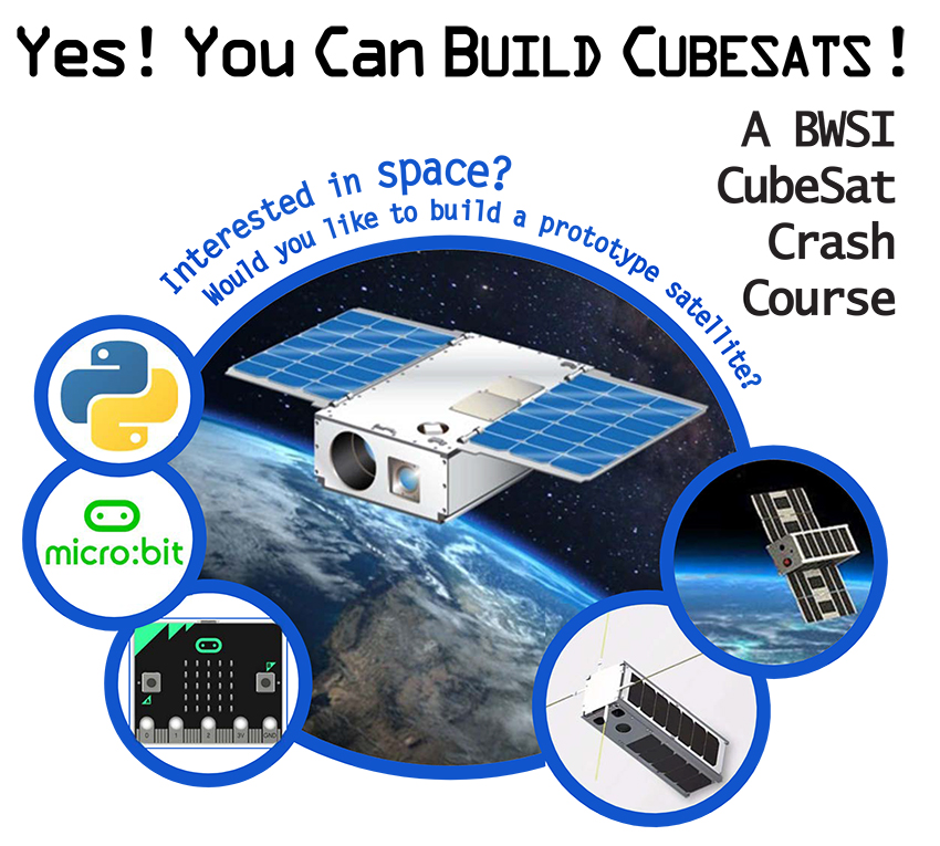 This illustration is a collage of images aroudn a main image of a satellite. The images around the main one show a microbit, a PC board, a link image, and two view of the CubeSat.