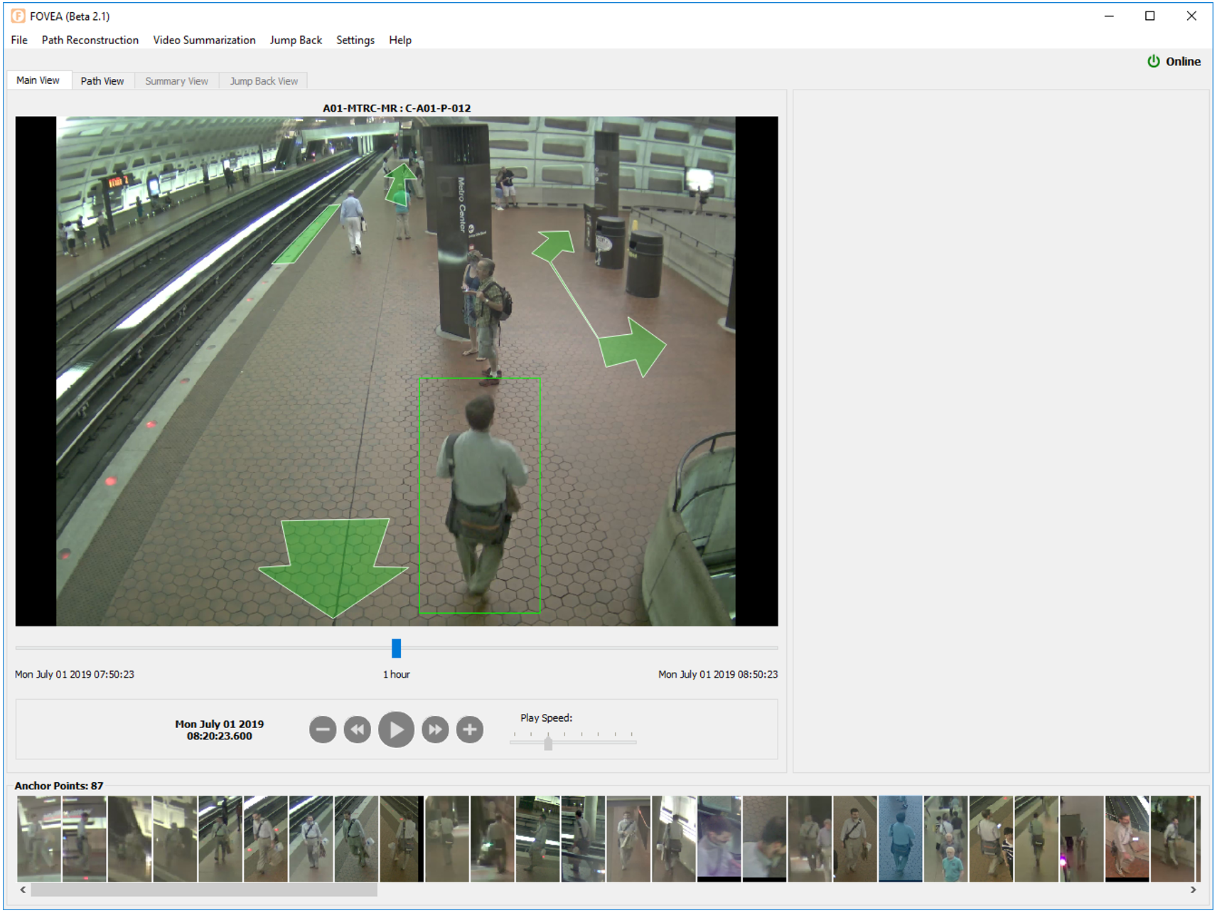 A snapshot of a software interface shows a video feed of a subway station, with green box around a man walking, and green arrows showing possible routes. At the bottom of hte interface is more, smaller screenshots of people in the video. 