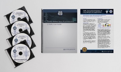 A photo of four CDs, a booklet, and a paper handout comprising the software instructions for TASR.