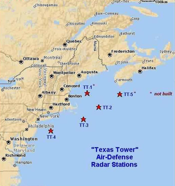 The sites of the Texas Tower radars are shown. Map courtesy of the Air Defense Online Radar Museum, www.radomes.org/museum