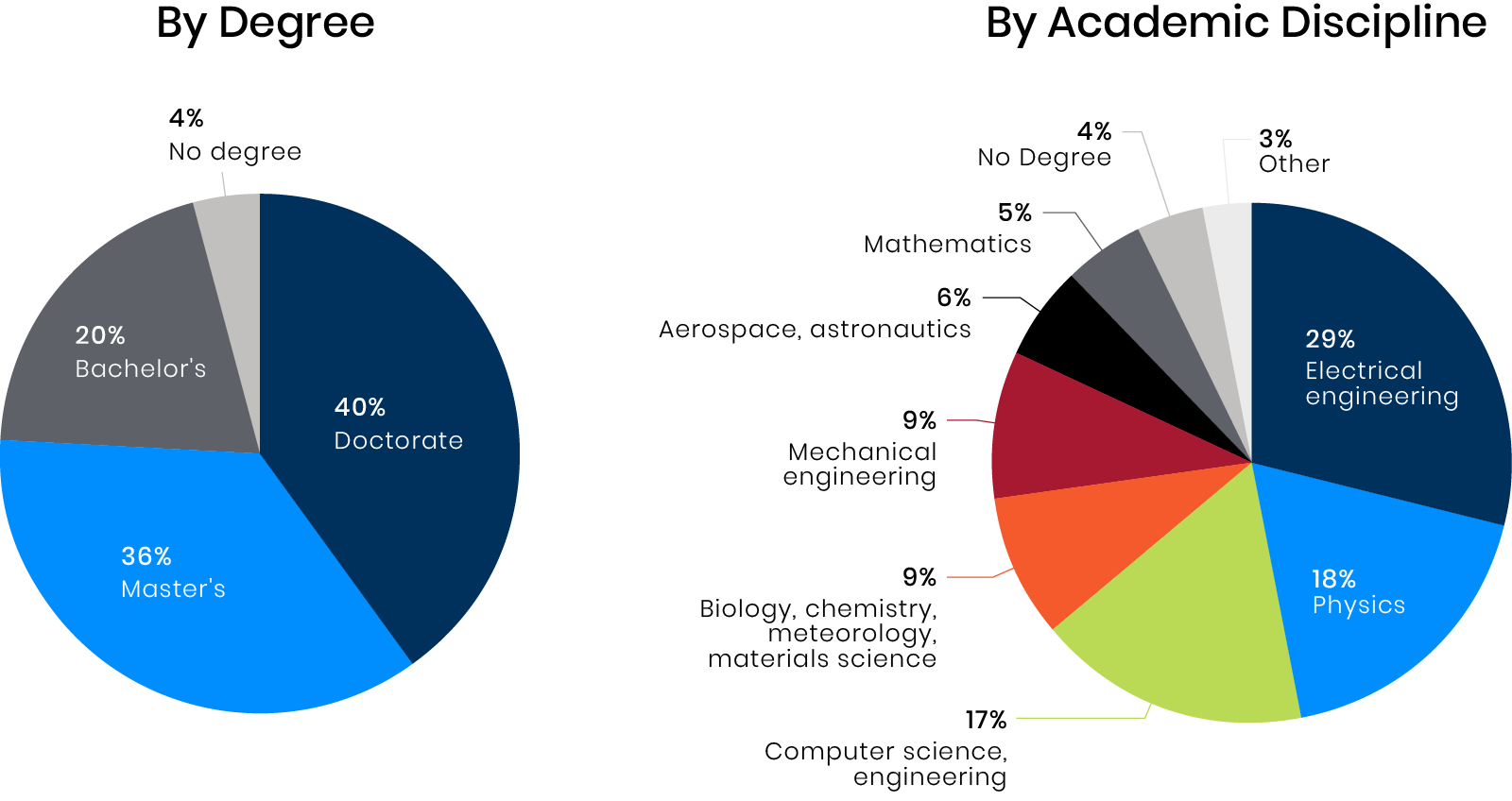 composition pie charts of professional staff by degree and academic discipline.