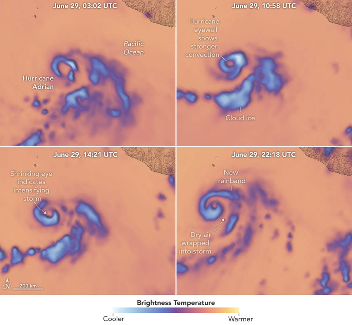 four screenshots of radar-like weather data of a hurricane
