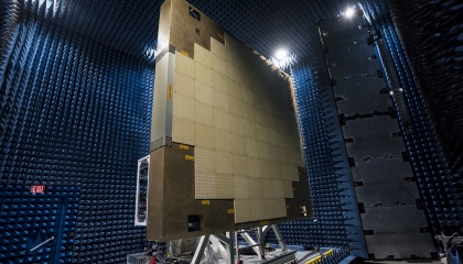 In the large near-field scanner chamber, the full-scale Multifunction Phased Array Radar prototype undergoes beam pattern testing. 