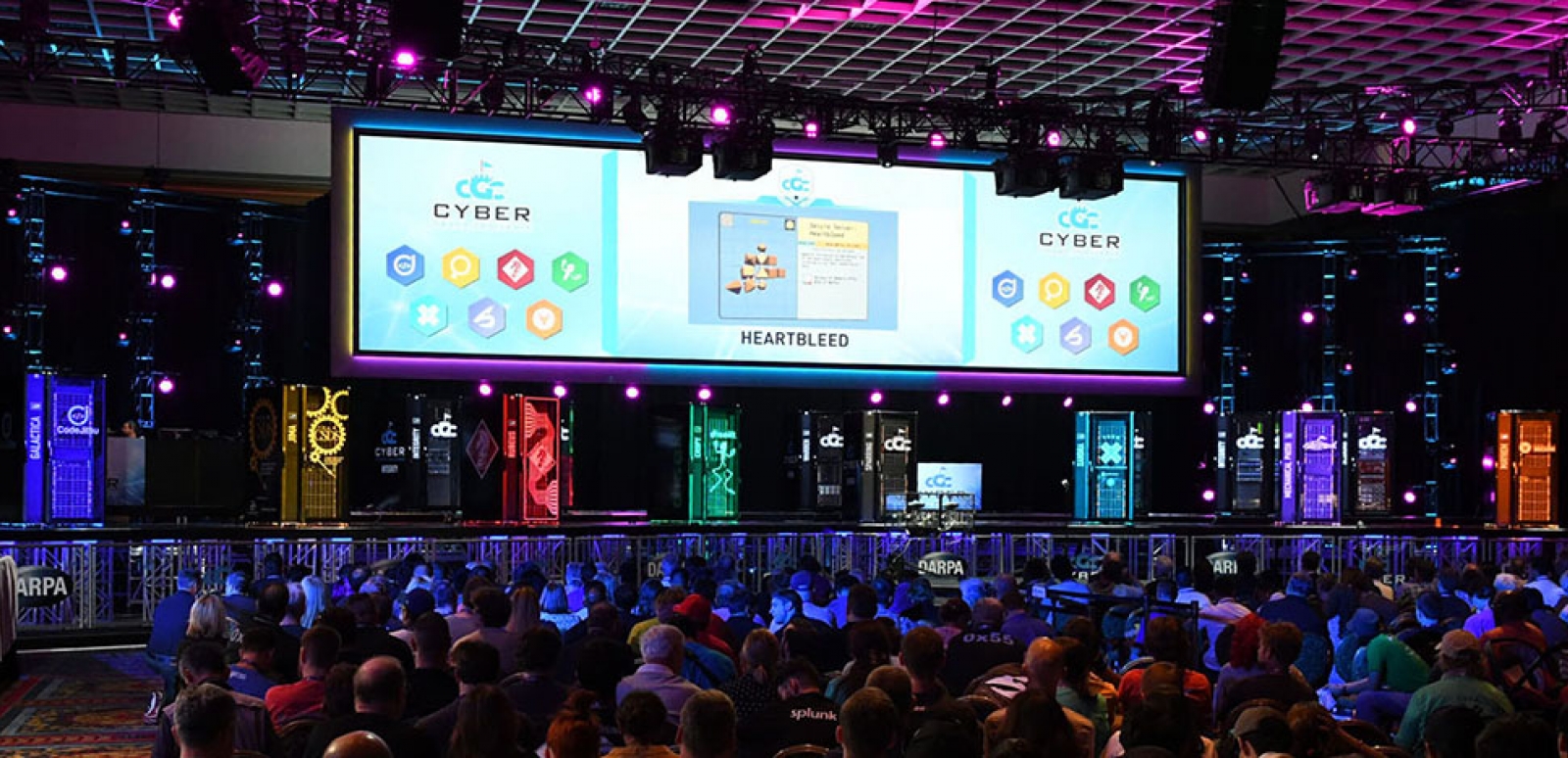 An impressive array of seven team-designed supercomputers vie for the grand prize of two million dollars at the Cyber Grand Challenge competition at the Paris Las Vegas Conference Center on August 4th, 2016.