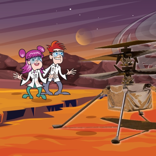 Two cartoon children watch as the Ingenuity Helicopter flies on Mars