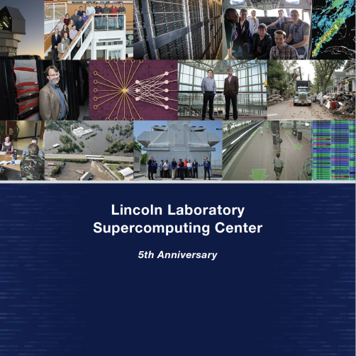 A screenshot of a dark blue book cover that says Lincoln Laboratory Supercomputing Center 5th Anniversary with a compilation of photos 