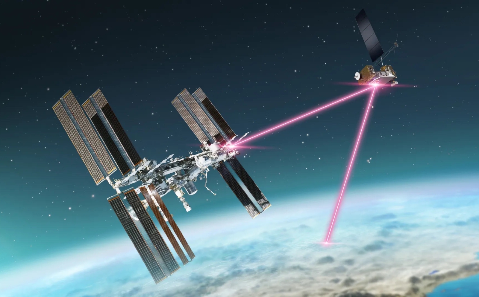 A schematic of a laser communications terminal onboard the International Space Station transmitting data over laser signals to a smaller satellite at a higher altitude; this satellite then relays the data to Earth. 