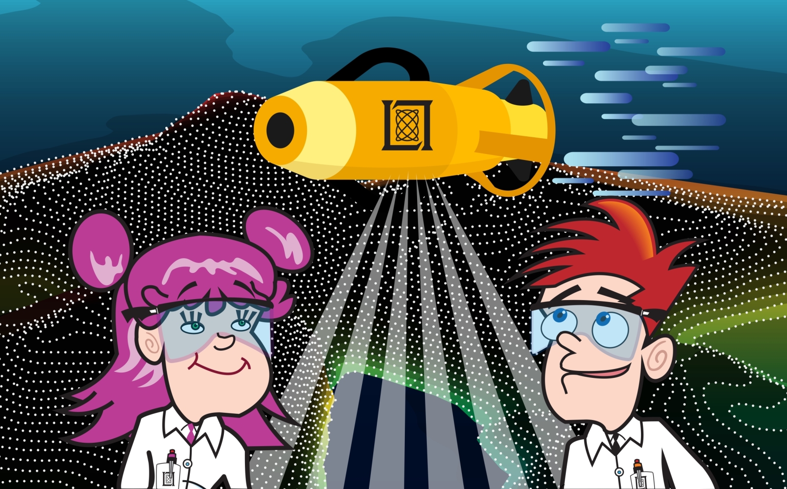 an illustration of two scientists underwater, looking up at a small yellow submarine with the MIT LL logo on it.