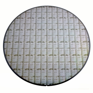 A finished 200-mm-diameter GaN-on-Si wafer.