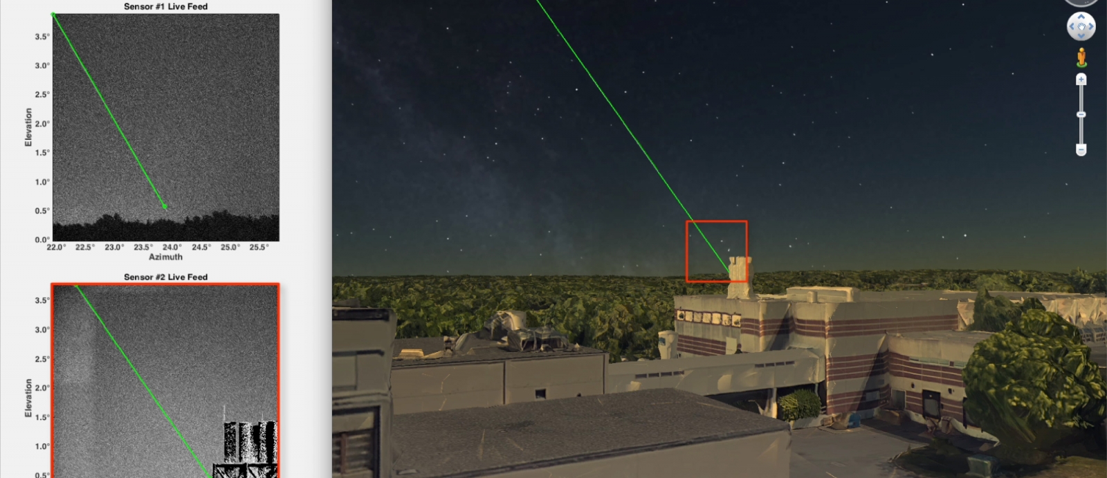 The LASSOS display screen highlights the laser strike event in live sensor imagery and generates a 3D model of the laser streak in Google Earth. Image courtesy of the research team.