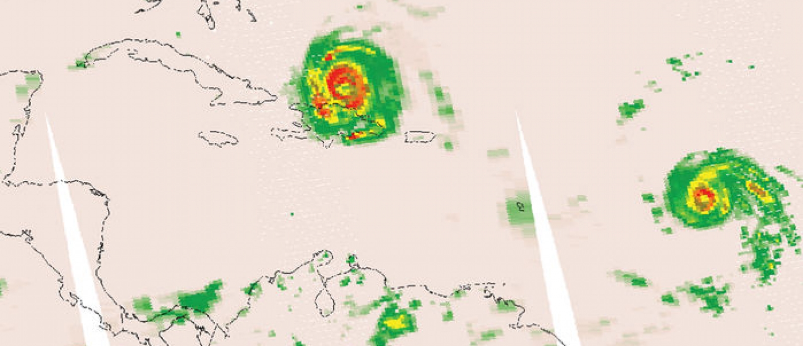   On 7 September, the microwave sensor on the Sumi National Polar-orbiting Partnership satellite captured heavy rainfall rates within hurricanes Irma (left) and Jose (right). NASA