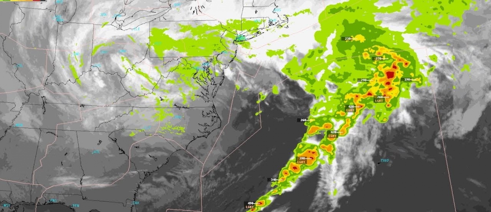 The Offshore Precipitation Capability tool fuses data to estimate the location and intensity of precipitation that is outside of radar coverage and uses machine learning to depict this estimate as a radar-like image.