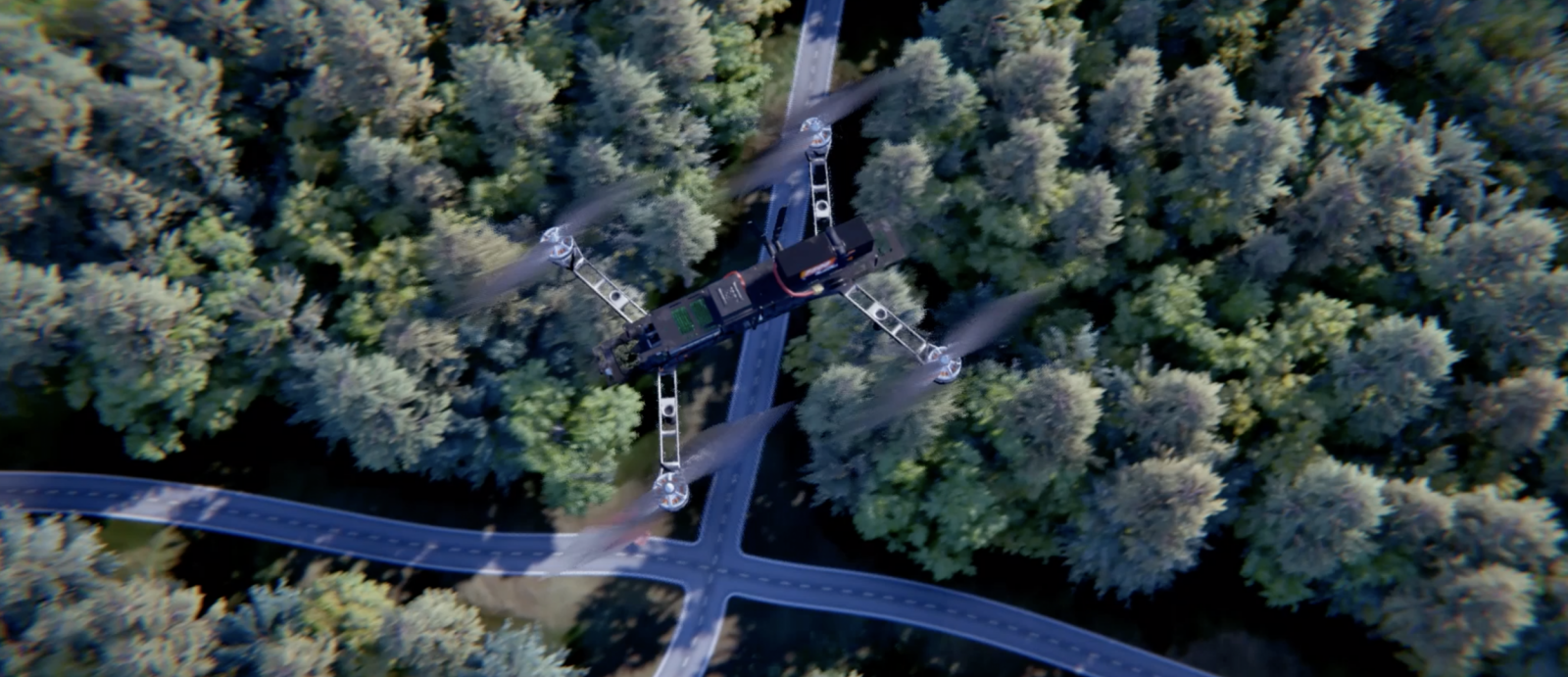 in this computer-generated image, a UAV flies over a forest and road in pursuit of a vehicle. 