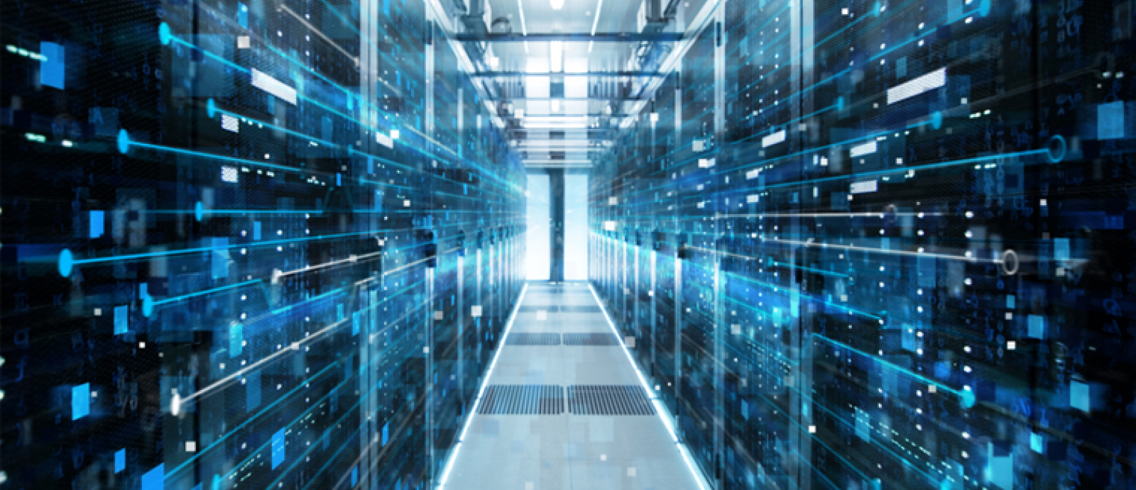 an illustration of nodes and lines drawn over server racks