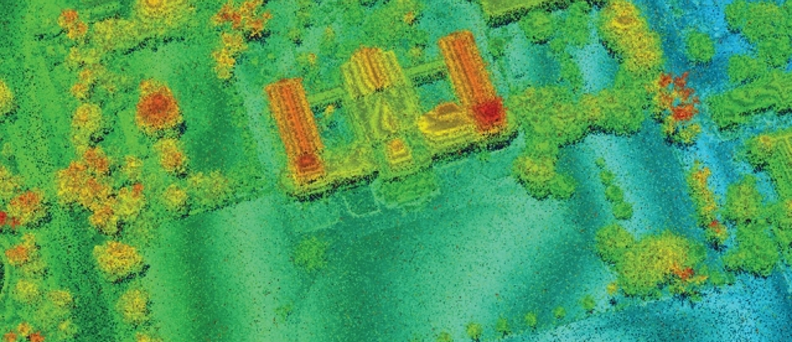 A lidar image, with coloration of green to red for elevation differences, of the National Palace in Haiti. 