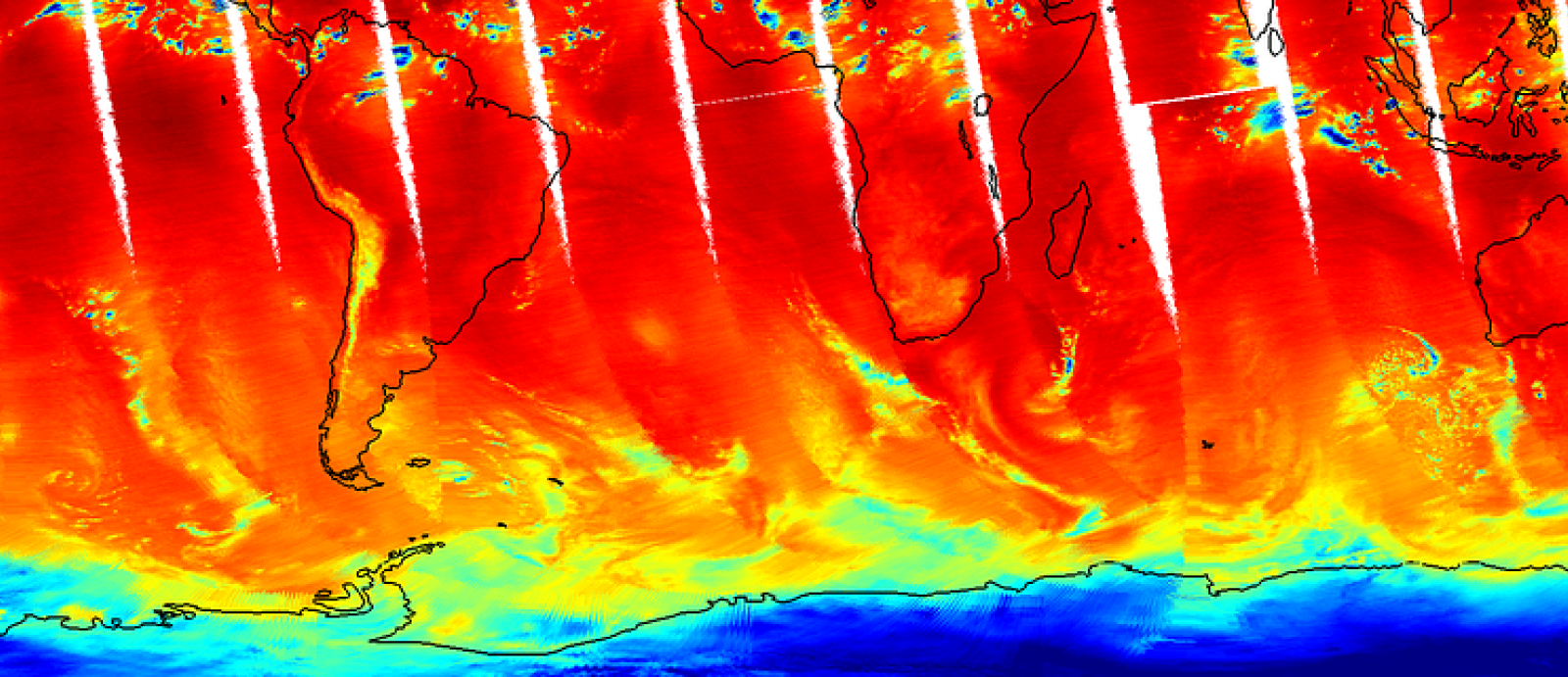 an image from a satellite taken of earth; antarctica at the bottom is colored blue, and color ranges through yellow, orange, and red up near the equator 