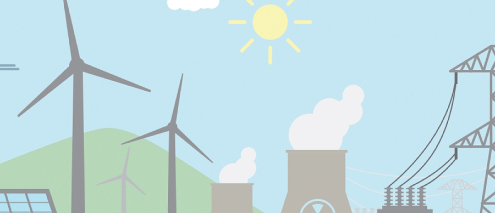 An illustration depicting different forms of energy -- solar panels, wind turbines, nuclear power plants, and electrical power plants. They are all drawn on a green lawn, with a green hills in the background, and a blue sunny sky. 