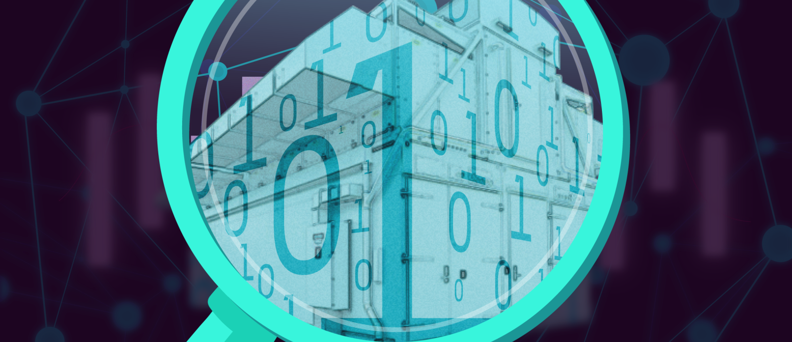 An illustration of the exterior of a datacenter, with 1s and 0s overload on top of it. The image is encircled by a large magnifying glass.