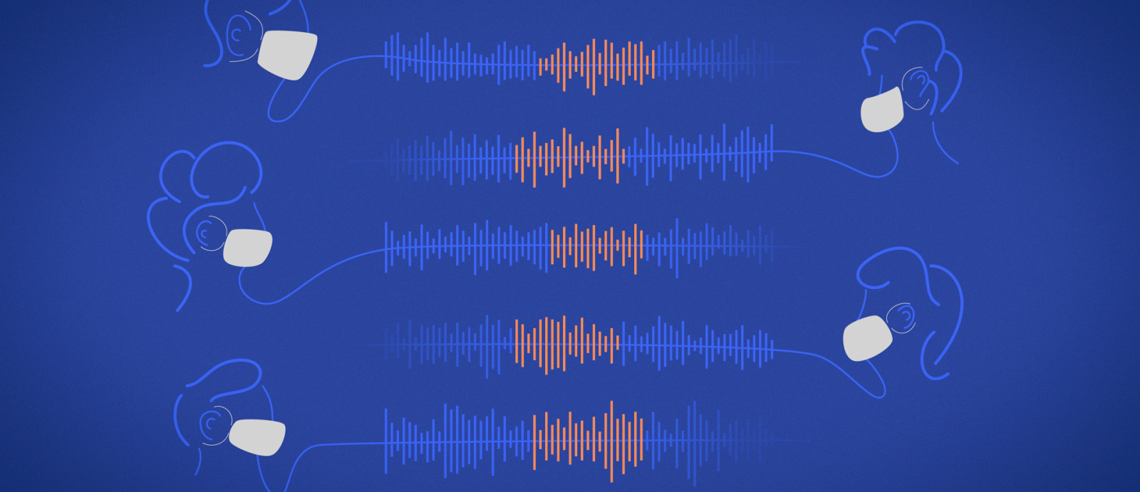 An artistic illustration of speech signals moving back and forth between speakers wearing masks. 