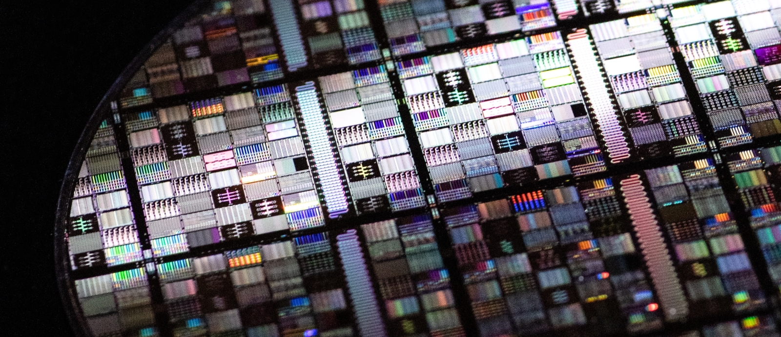 A close-up shot of a wafer containing circuits