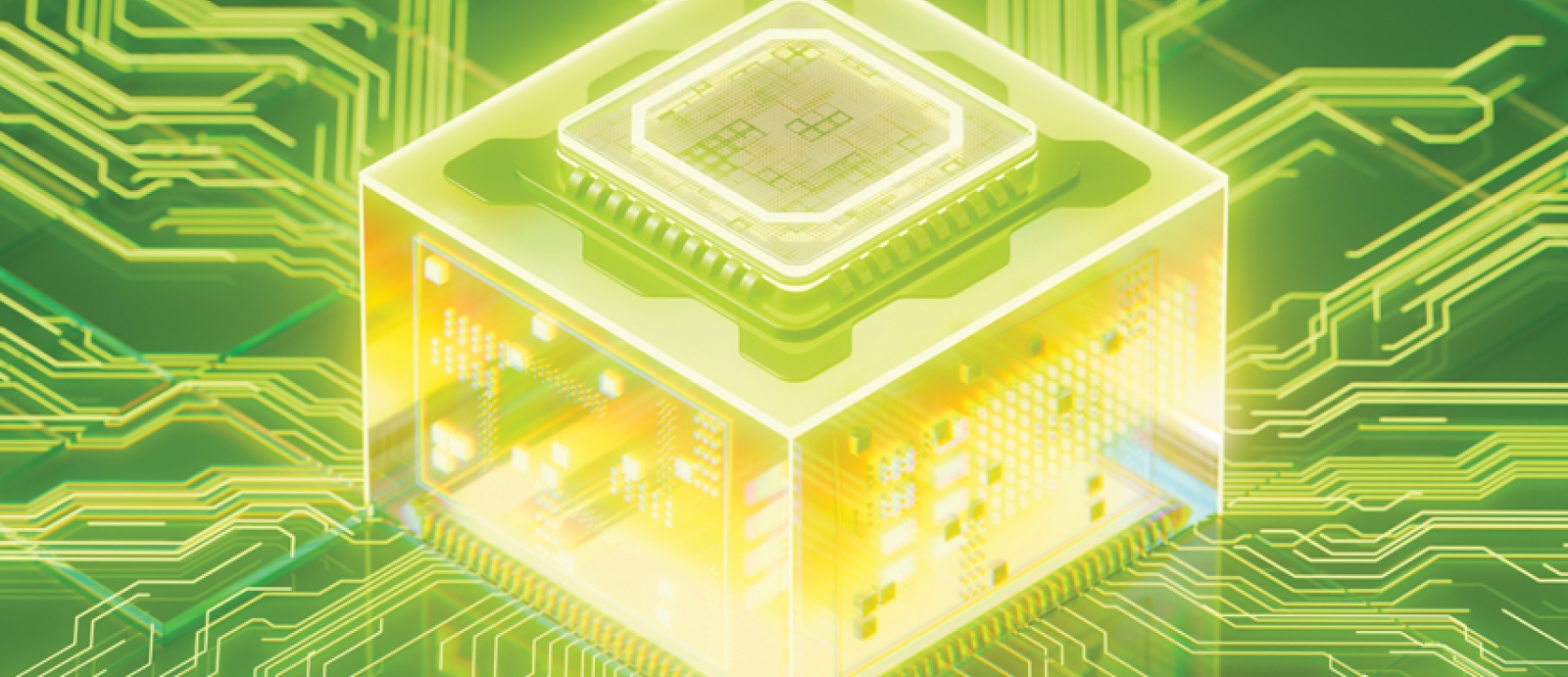an illustration of an integrated circuit surrounded by a green cube. 