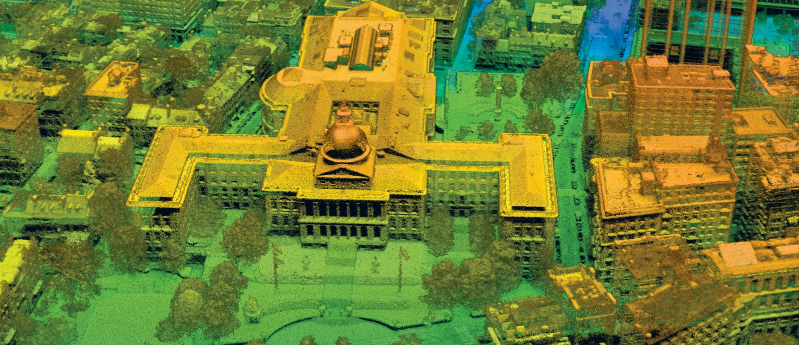 In this 3D ladar image of the Massachusetts State House, the colors indicate height, ranging from ground level at blue through the spectrum to red for the tallest elements in the image.
