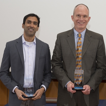 Suraj Bramhavar, left, and Paul Juodawlkis received 2016 Best Invention trophies for their development of the Photonic Integrated Resonant Accelerometer. Photo: Glen Cooper