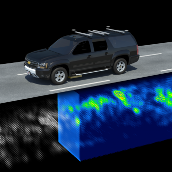 The prior map can be seen in gray, the current scan is shown in light blue under the vehicle, and the registered data is shown in blue and green behind the vehicle.