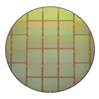 The CCD imaging devices are built on 200 mm wafers, shown above, that were custom-designed and fabricated by the Laboratory.