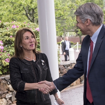 Massachusetts Lieutenant Governor Karyn Polito was greeted by Lincoln Laboratory Director Eric Evans during her visit to the Laboratory on 25 May to announce a $2.2 million state grant for opening the Defense Fabric Discovery Center. Photo: Glen Cooper