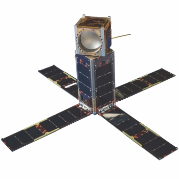 The illustration shows MicroMAS with its solar panels extended. 