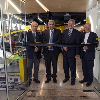 Daniel Hastings, AeroAstro Department Head; Anantha Chandrakasan, Dean, MIT School of Engineering; Eric Evans, Director, Lincoln Laboratory; and Robert Shin, Director, Beaver Works, opened the Beaver Works space in Building 31