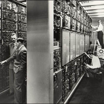 The Whirlwind computer, seen here in the Barta Building on the MIT campus, was the precursor to the computer developed to accommodate the demands of the SAGE system.