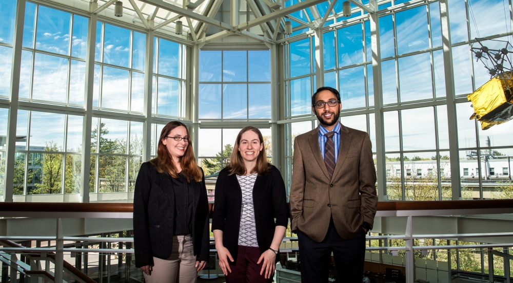 Left to right, Francesca D'Arcangelo, Emily Fenn, and Vijay Gadepally were named winners of the Armed Forces Communications and Electronics Association International's 2017 40 Under 40 Awards. Photo: Nicole Fandel