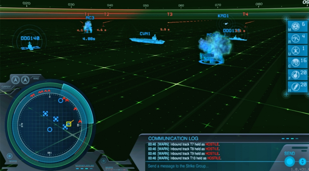 Each scenario in Strike Group Defender is displayed on screen as above. Players select responses to threats from the icons on the right and get alerts on new threats or incoming messages from the log in the lower right. Image courtesy of the researchers.