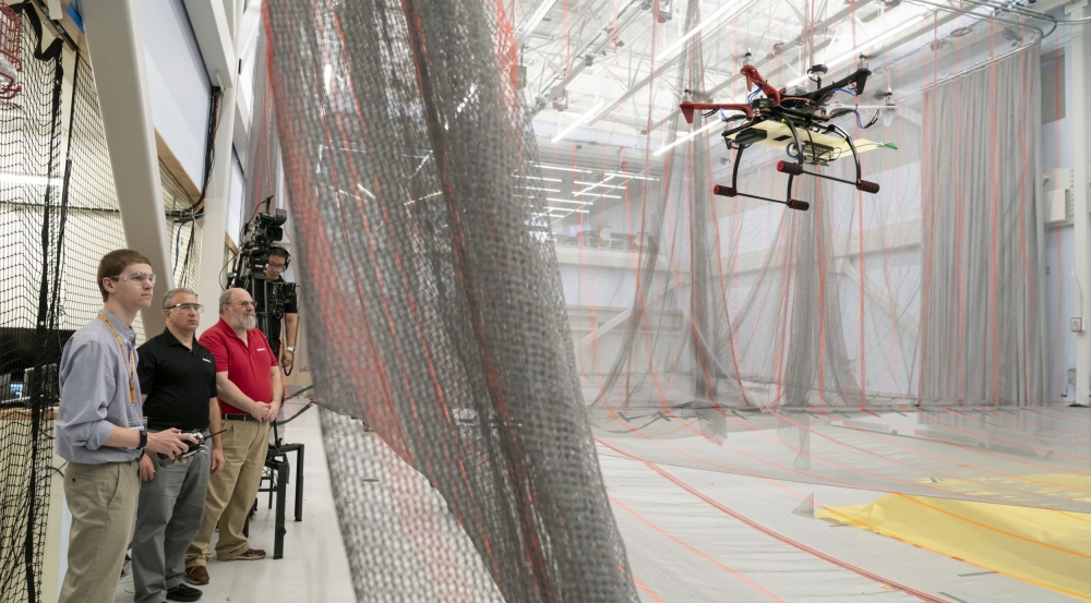 A student in the UAS-SAR course flies a drone equipped with a radar to map a hidden area inside the MIT AeroAstro building. Photo: Glen Cooper