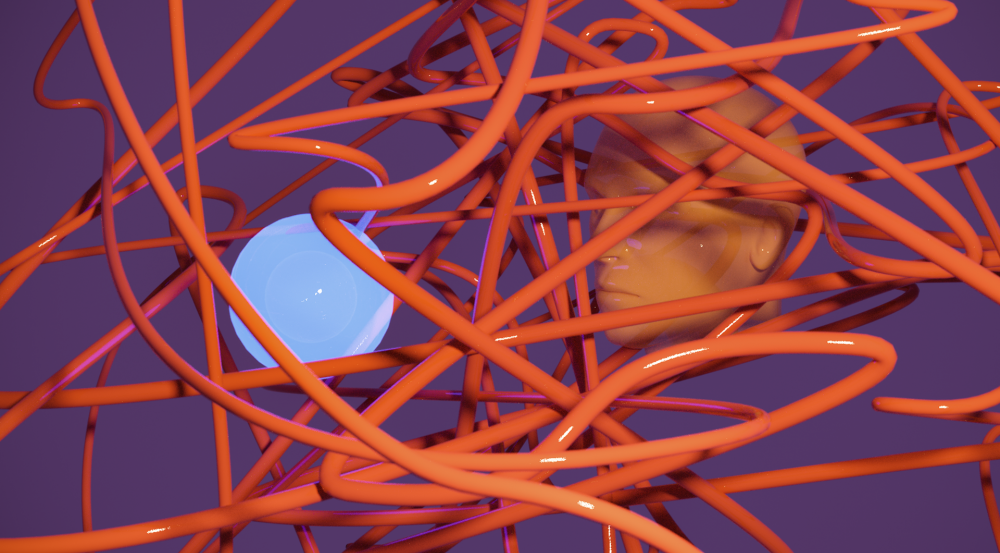 An 3D illustration with a blue orb and a model of a human head "staring" at eachother. Crisscrosing and surrounding them is a messy orange line, conveying confusion and frustration.