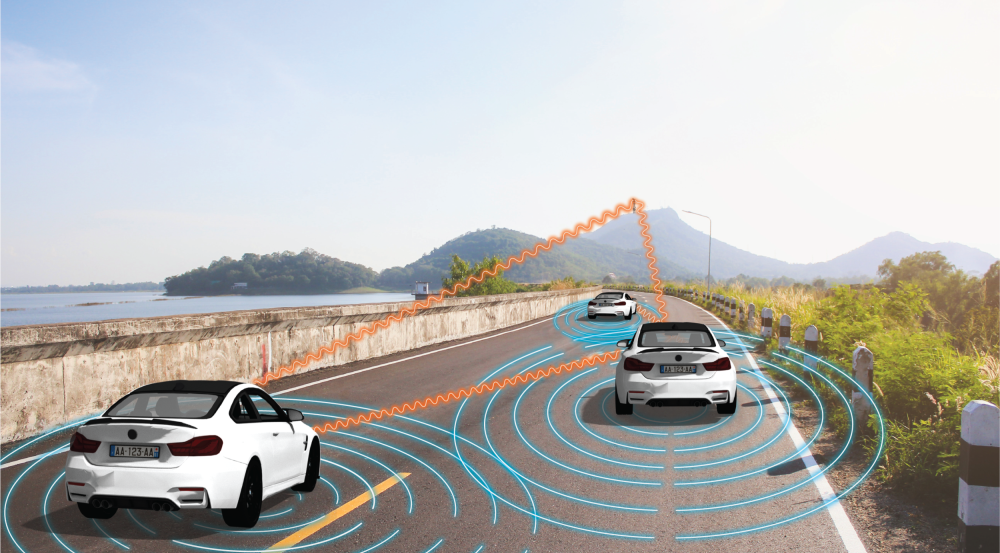 an illustration of two cars on a road. blue lines emanate from the cars, to illustrate radar sensing, and line are drawn toward a cell tower, to illustration data transfer.