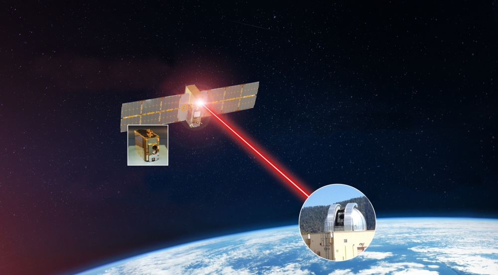 An illustration of data being sent across a laser from a small satellite to a ground station on Earth.